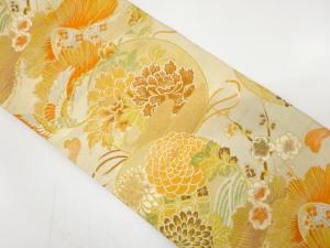 アンティーク　八重梅に鶴・菊・古典柄織り出し丸帯（材料）